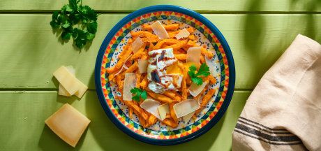 AVIKO Sweet potato fries (with pan-fried poached egg, mature cheese and balsamic vinegar cream